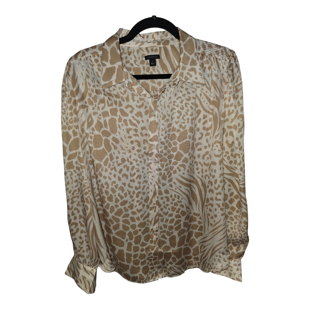 Ann Taylor Beige Cream Animal-Print Buttoned Blouse
